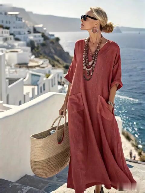 Ladies Loose Solid Pocket Dress