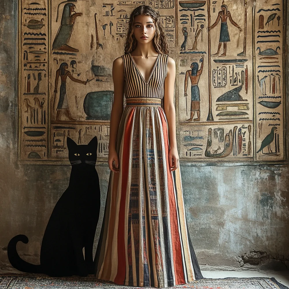 Vintage Egyptian Elements Striped Printed Women's Linen Vest Maxi Dress