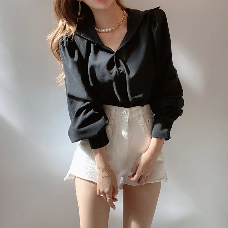 Korean Loose Chic Women Blouse Simple Versatile Lapel Long Sleeve Shirt Elegant Women Shirt Tops Pink Tops Blusas Mujer 12492