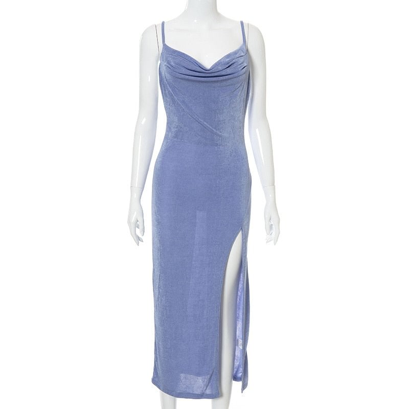 2022 Summer Hot Sexy Solid Spaghetti Strap Backless Midi Dress Casual Evening Party Sexy V-Neck Split Folds Dresses