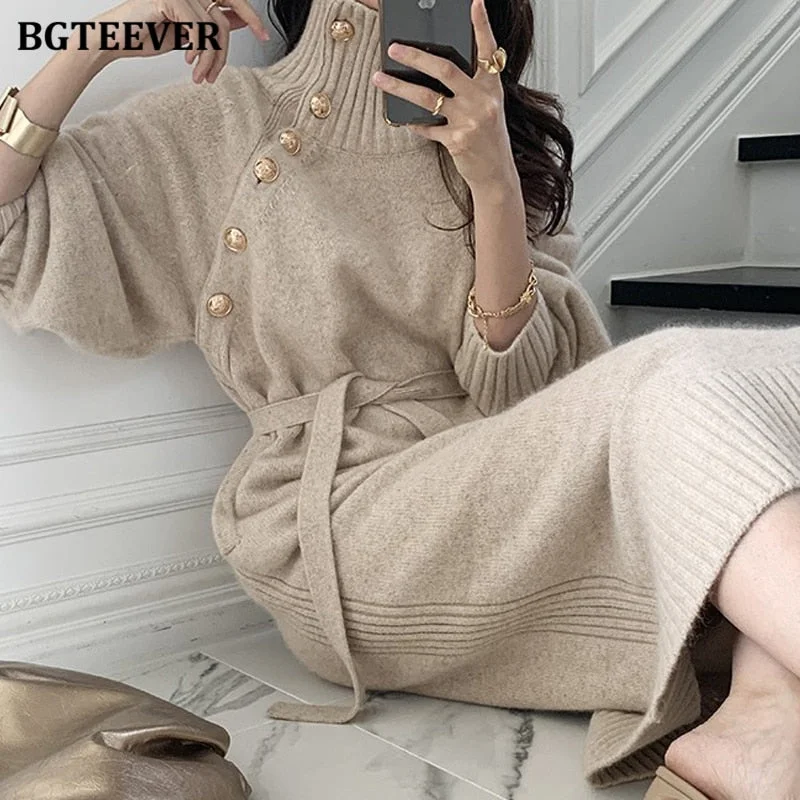 BGTEEVER 2020 Winter Turtleneck Buttons Women Knitted Mid-length Dress Elegant Lace-up Loose Female Sweater Dress Long Vestidos