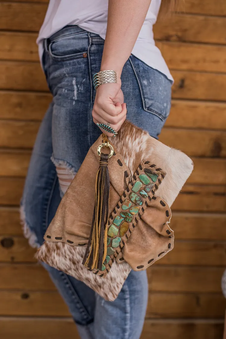 The Rough Stock Clutch - Brown & White Cowhide