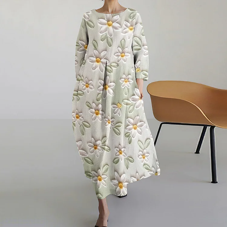 Comstylish Flower Print Round Neck Loose Midi Dress