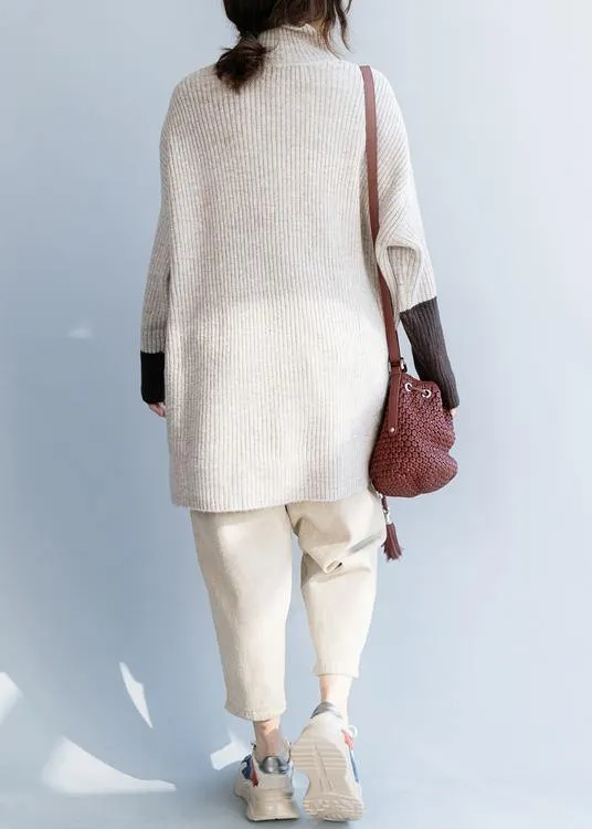 For Spring beige knitted top plus size high neck knit wear front open