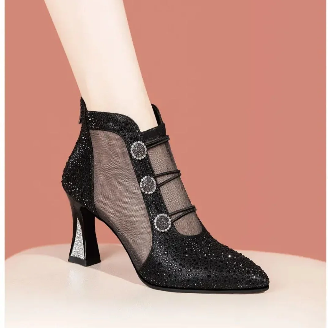 Wongn Wongn Hollow Head Sandals Women High Heels Sandals Women Wear Thick Heel Pointed Breathable Net Boots Women's Sandals