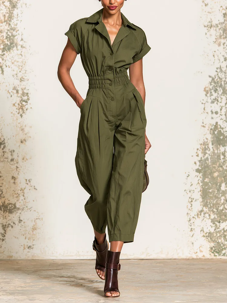 Olive Green Utility Jumpsuit For Women &ndash; Relaxed Fit Button Front Cargo Romper With Cinched Waist