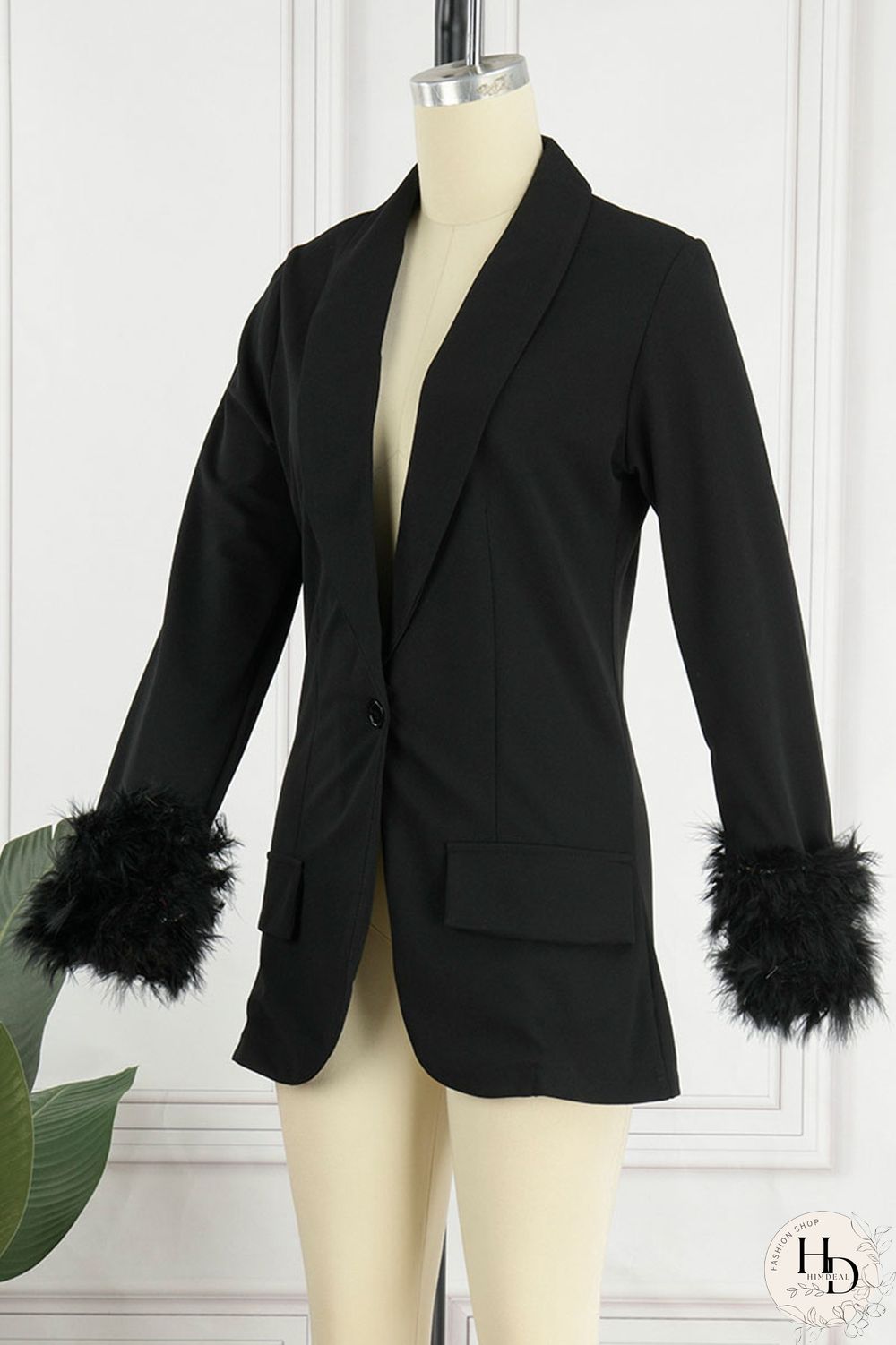 Black Casual Solid Patchwork Buttons Feathers Turn-back Collar Outerwear