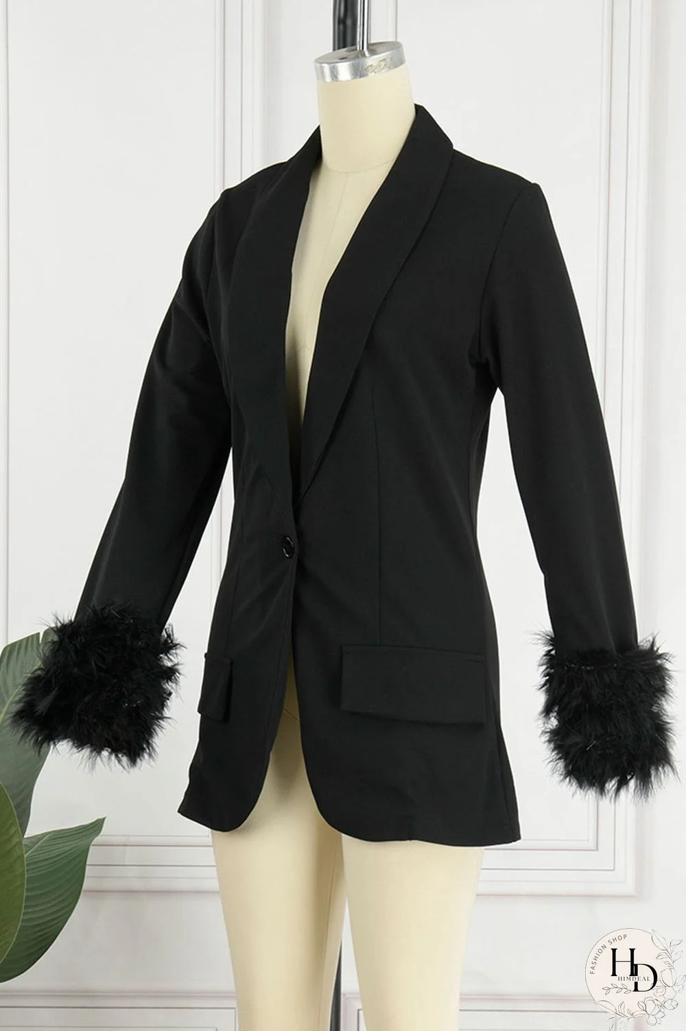 Black Casual Solid Patchwork Buttons Feathers Turn-back Collar Outerwear