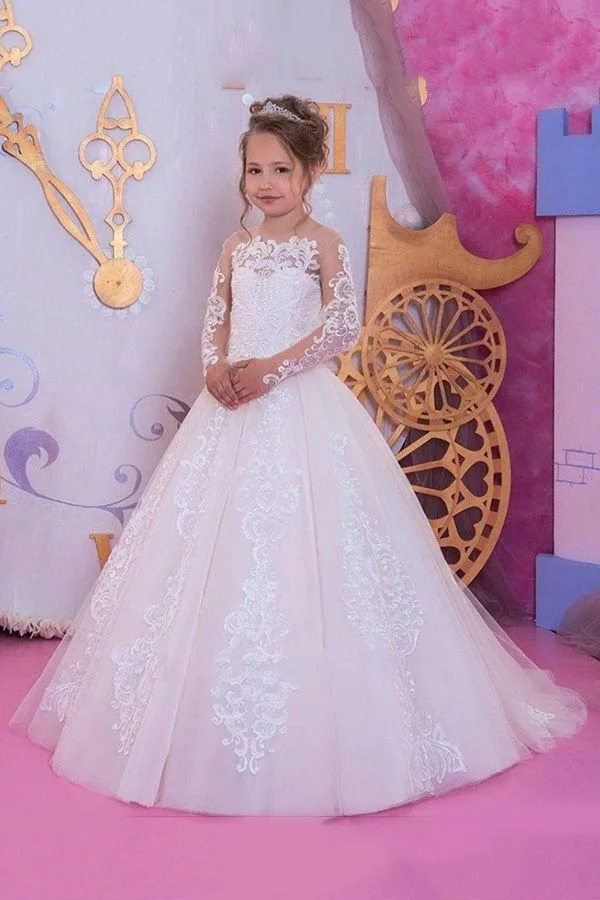  Daisda Long Sleeves Scoop Ball Gown Flower Girl Dresses Organza With Appliques