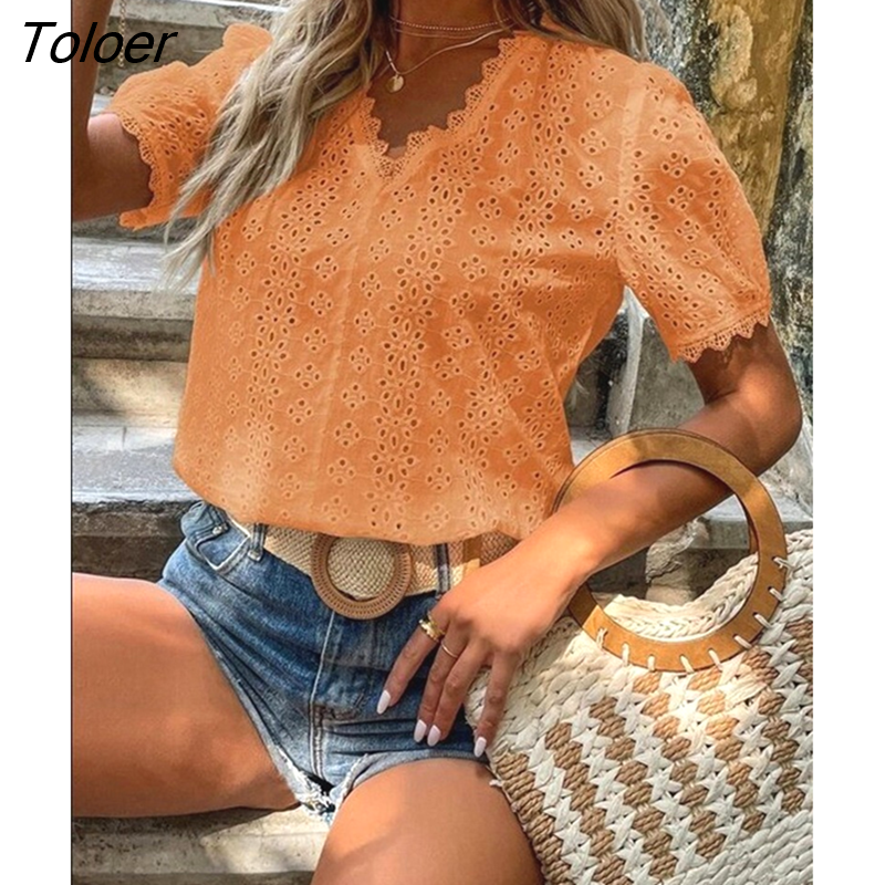 Toloer Lace Shirts Women Summer Puff Sleeve Tops Vintage Elegant Pullover White Blouse Women Fashion V-neck Solid Shirt 21385