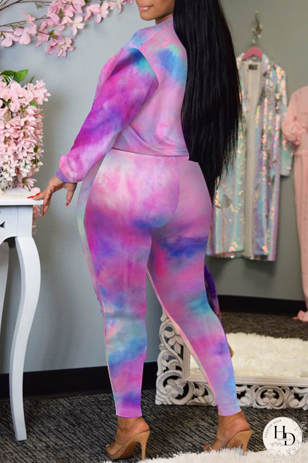 Green Fashion Casual Print Tie-dye Oblique Collar Long Sleeve Two Pieces