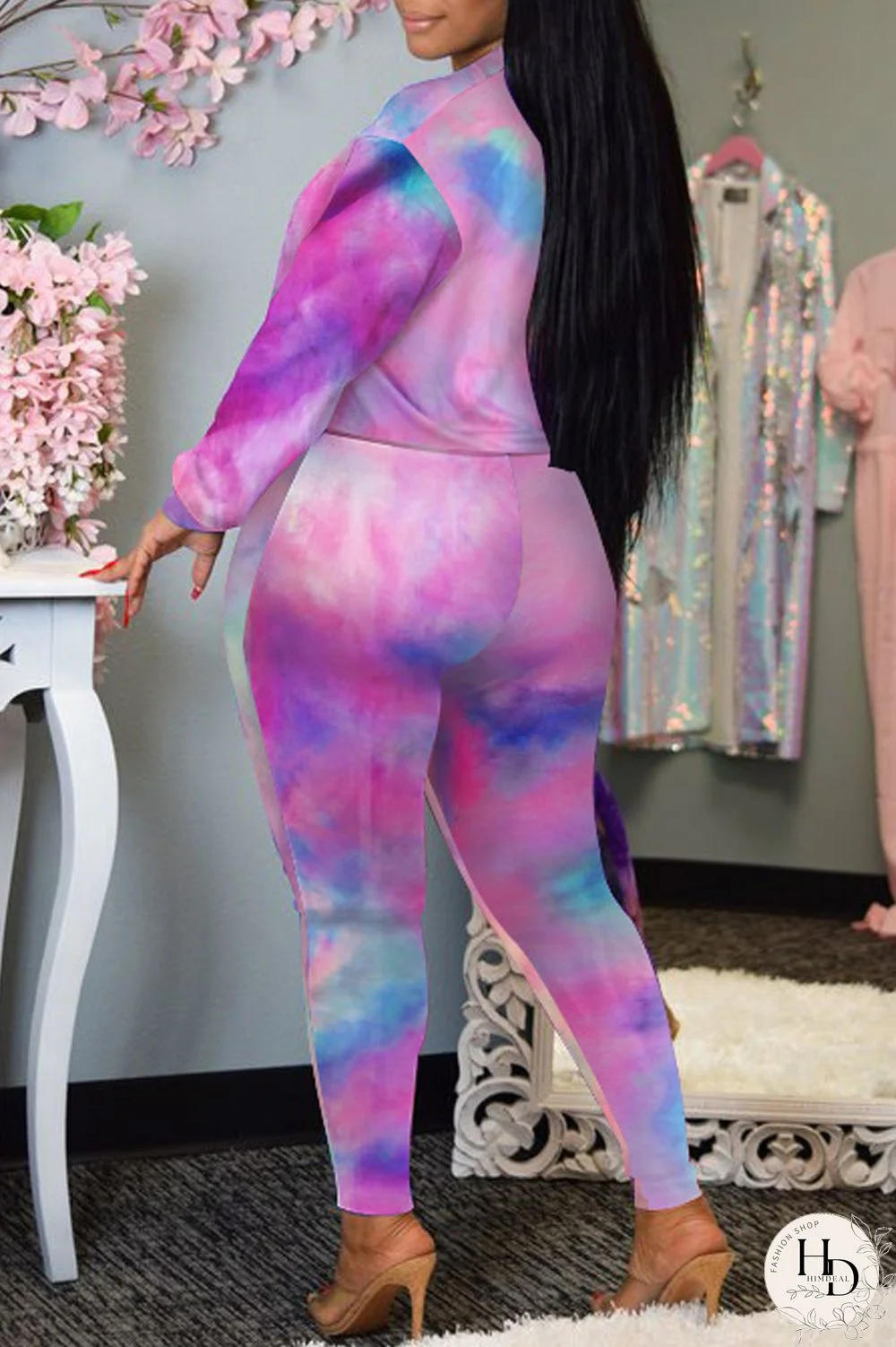 Green Fashion Casual Print Tie-dye Oblique Collar Long Sleeve Two Pieces