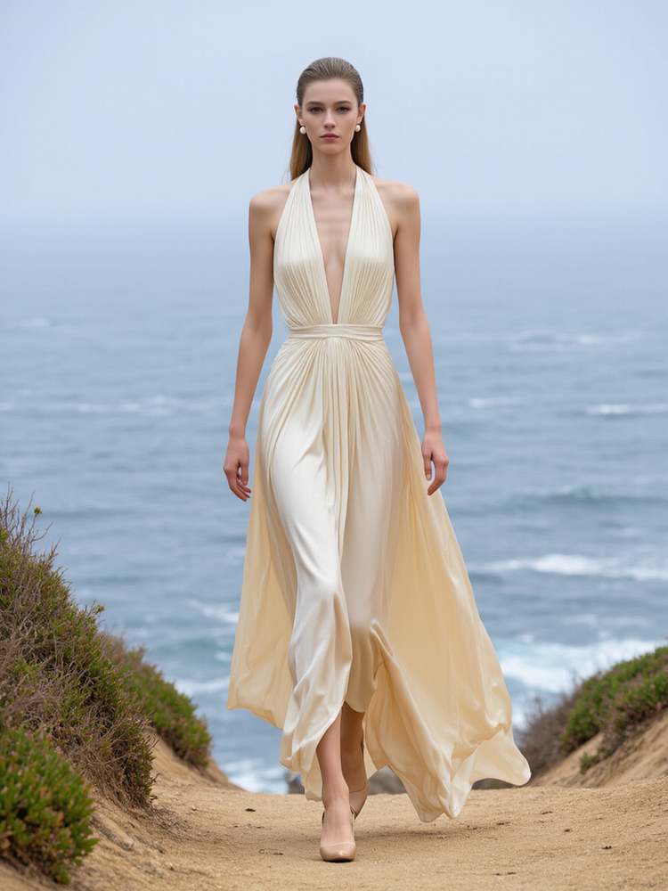 Backless Halter Neck Pleated Dress