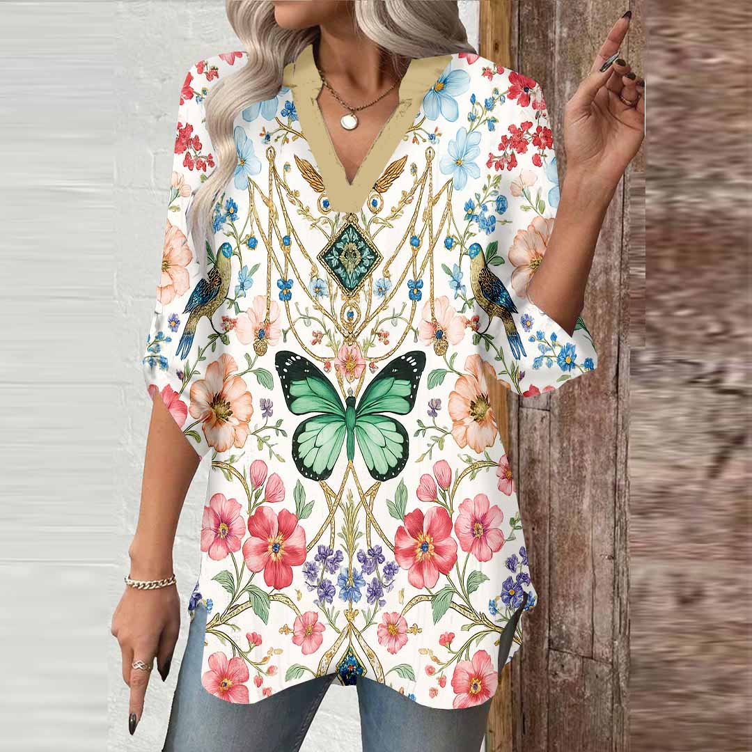 Women Floral,Butterfly,Blue,Red DZGA0258 3/4 Sleeve V-neck Printed Graphic Button Tops