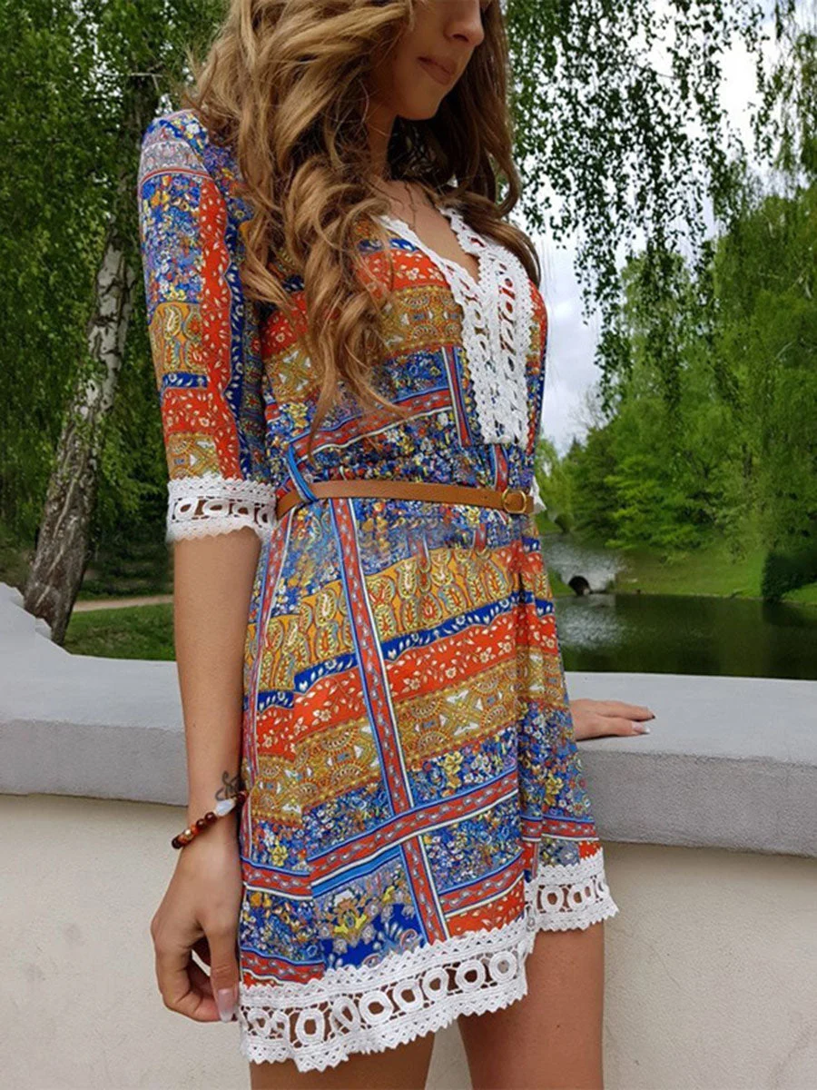 V-Neck lace Splicing printed Floral Dresses