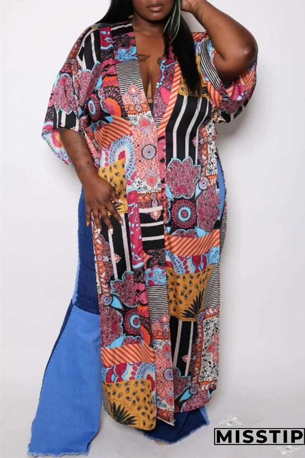 White Fashion Casual Print Slit Cardigan V Neck Plus Size Overcoat