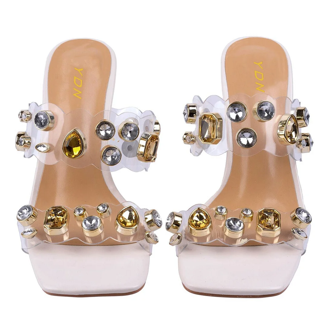 White Vegan Leather Square Toe Colorful Rhinestone Decorative Heels