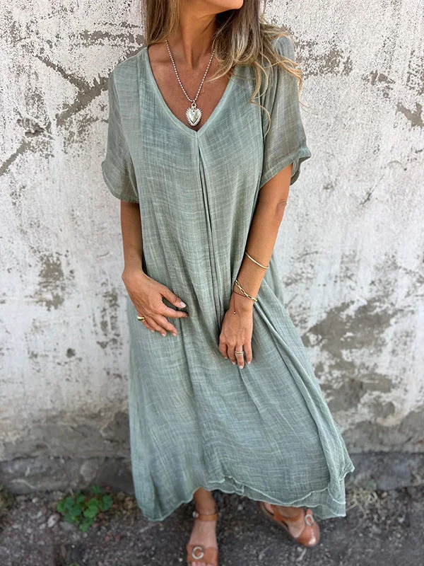 Women's 2024 Casual Dress V-Neck Short Sleeve Maxi Cotton Linen Dress