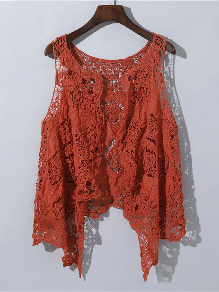 Solid Lace Hollow Out Sleeveless Irregular Cardigan