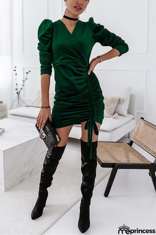 Velvet Drawstring Puff Sleeve Dress
