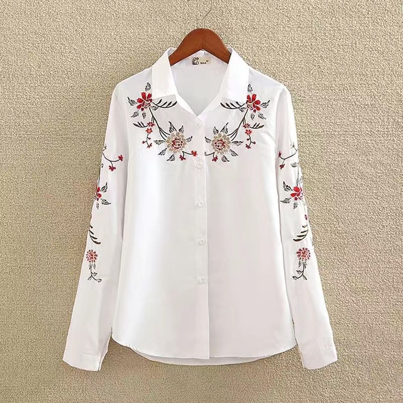 Women Embroidery Long Sleeve Button-up Shirts