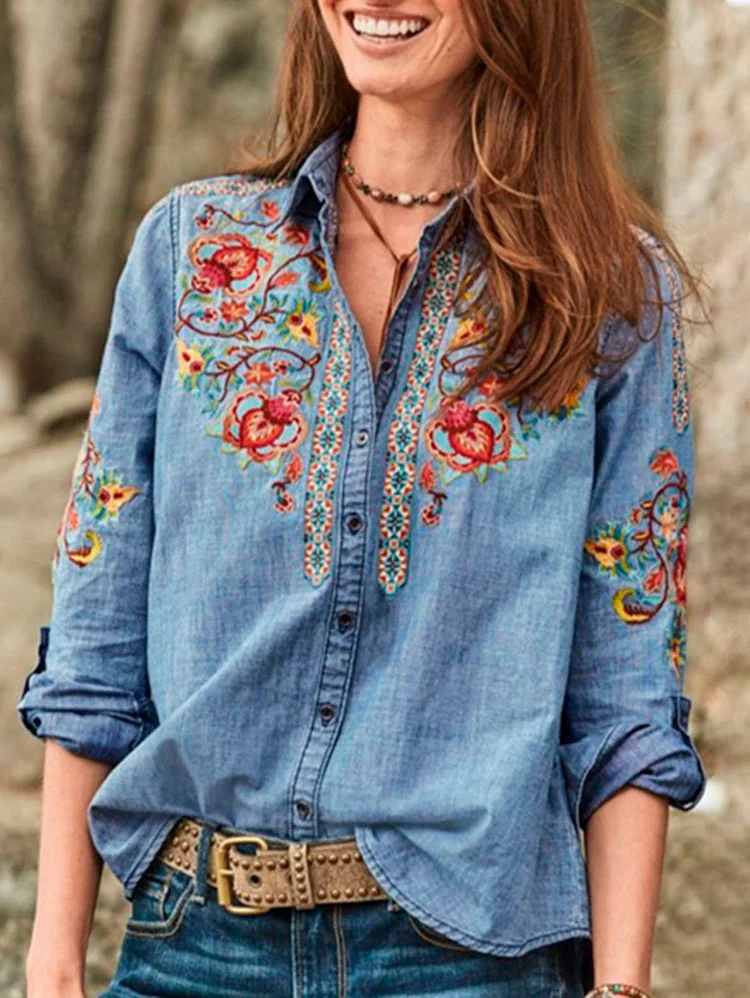 Bohemian Plain Floral Embroidered Long Sleeve Blouse