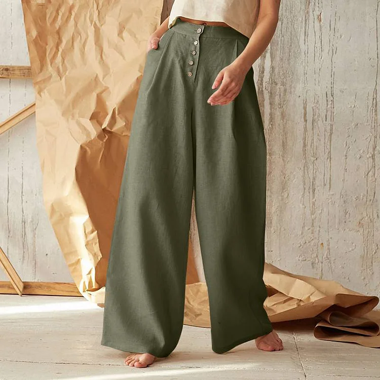 Casual High Waist Button Cotton Linen Wide Leg Pants