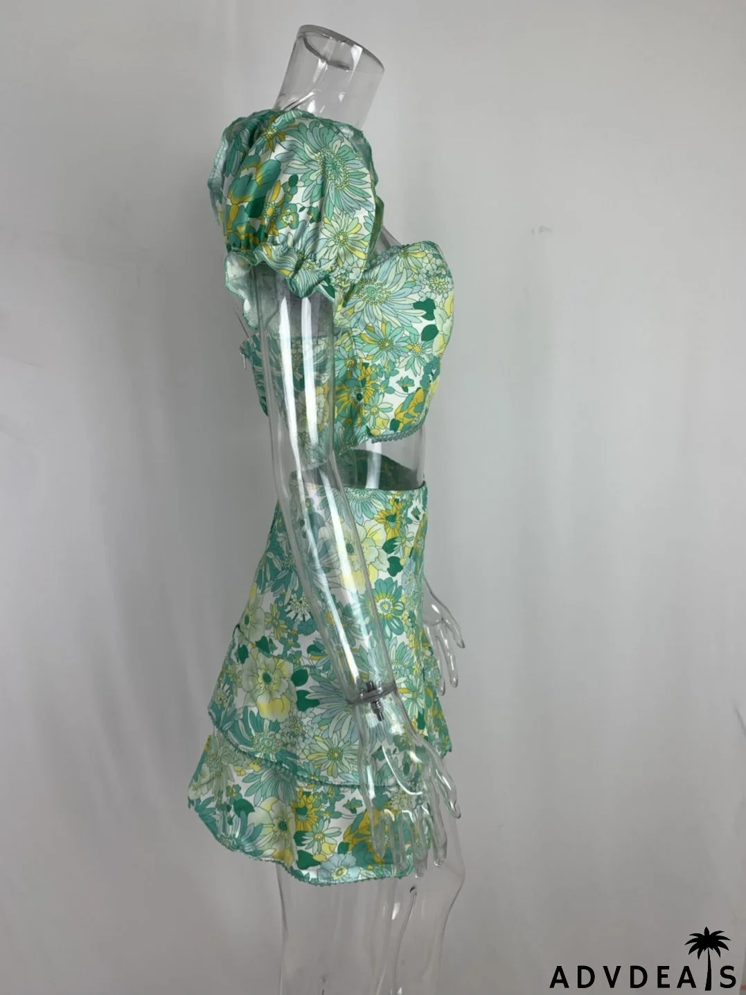 Women Sexy Printed Puff Sleeve Top and Skirt Casual Two-piece Set