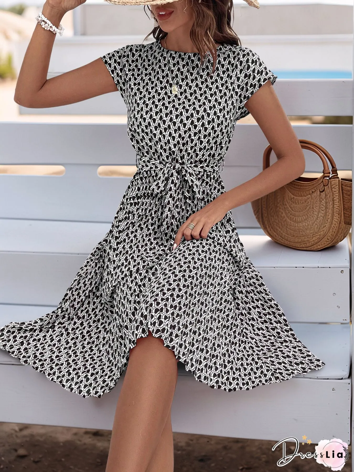 Vintage Floral Printed Lace Short Sleeve V Neck Plus Size Casual Weaving Dress