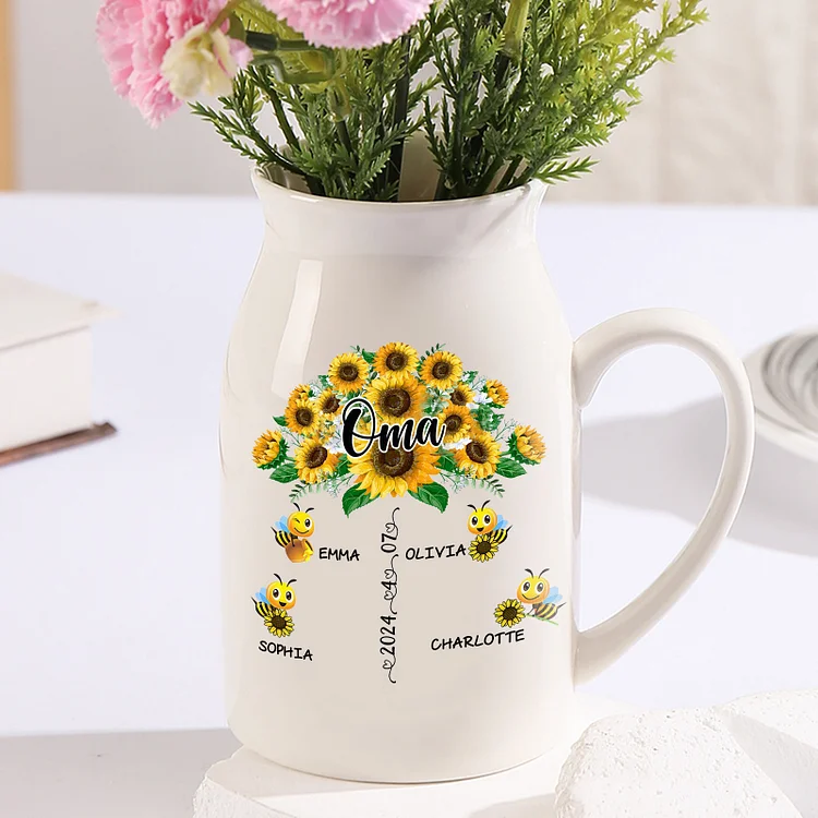 Personalisierte 4 Namen & Text & Datum Sonnenblume & Biene Familie Vase