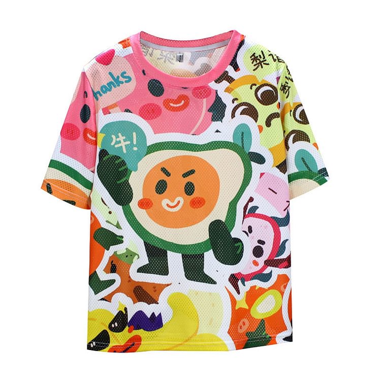 Cartoon Fruits Print Colorblock Round Collar Mesh T-Shirt - Modakawa modakawa