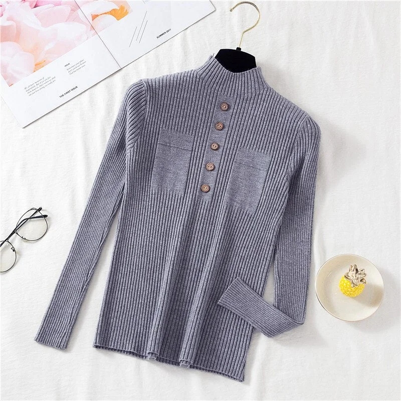 Zoki Pullover Women Sweater Autumn Knitted Button Long Sleeve Half Turtleneck Female Jumper Elastic Korean Fashion Blouse Top
