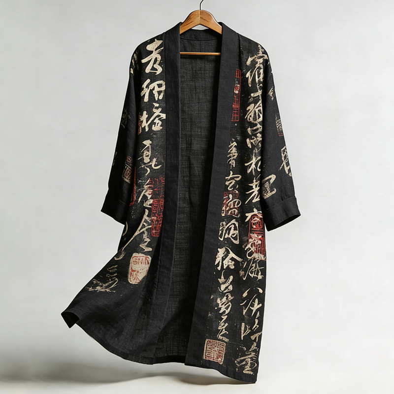 Men's Retro Calligraphy Art Print Linen Long Kimono  artssus