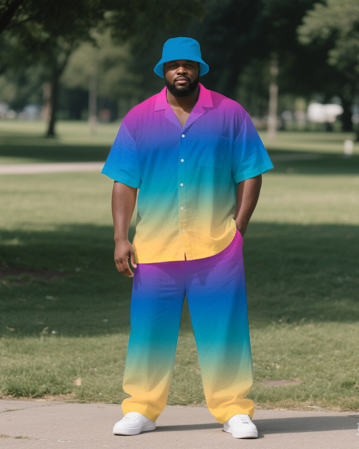 Big Guy's Simple Colorful Gradient Style Outdoor Button-up Short-Sleeve Shirt Pants Sets