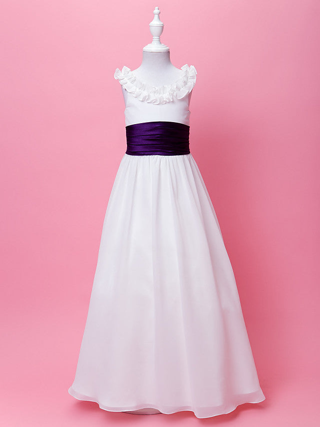 Oknass Princess A-Line Floor Length Flower Girl Dress First Communion Wedding Party Chiffon Sleeveless Scoop Neck With Sash Ribbon Ruffles Draping