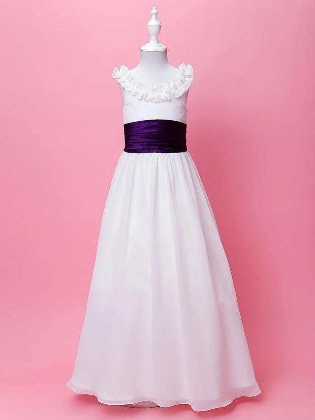 Hellodresses Princess A-Line Floor Length Flower Girl Dress First Communion Wedding Party Chiffon Sleeveless Scoop Neck With Sash Ribbon Ruffles Draping