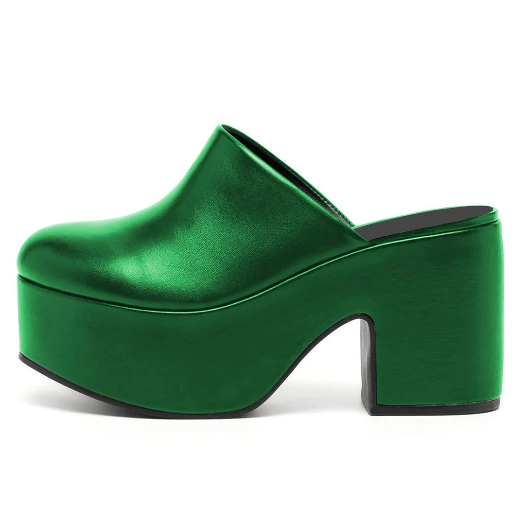 Simple Round Toe Block Heel Platform Mules Shoes in Green