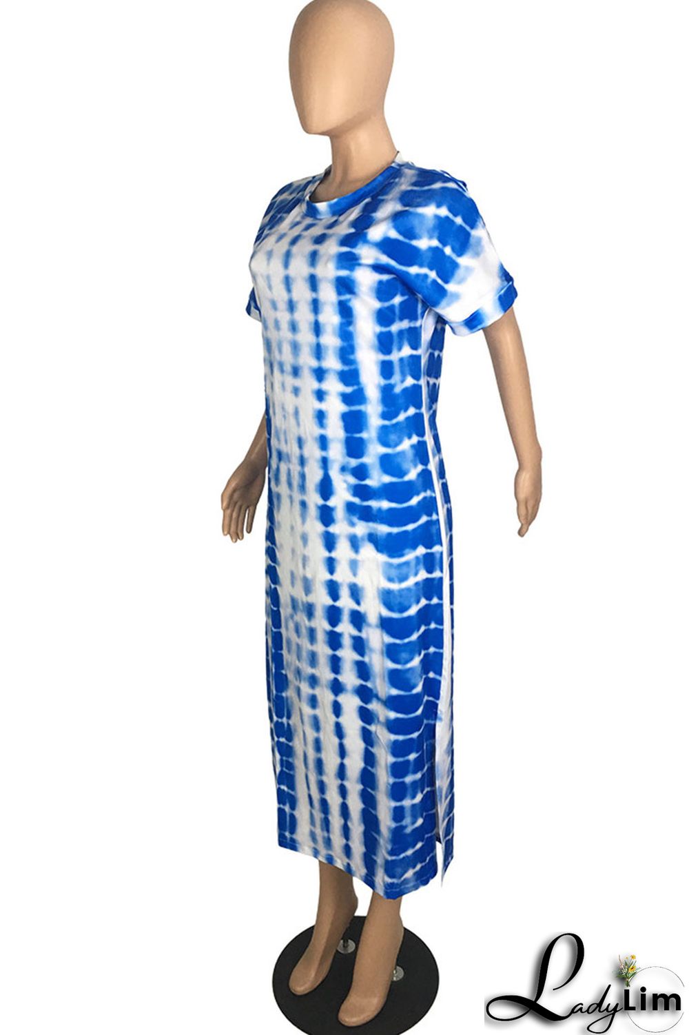 Blue Fashion Casual Print Slit O Neck Short Sleeve Dress Dresses