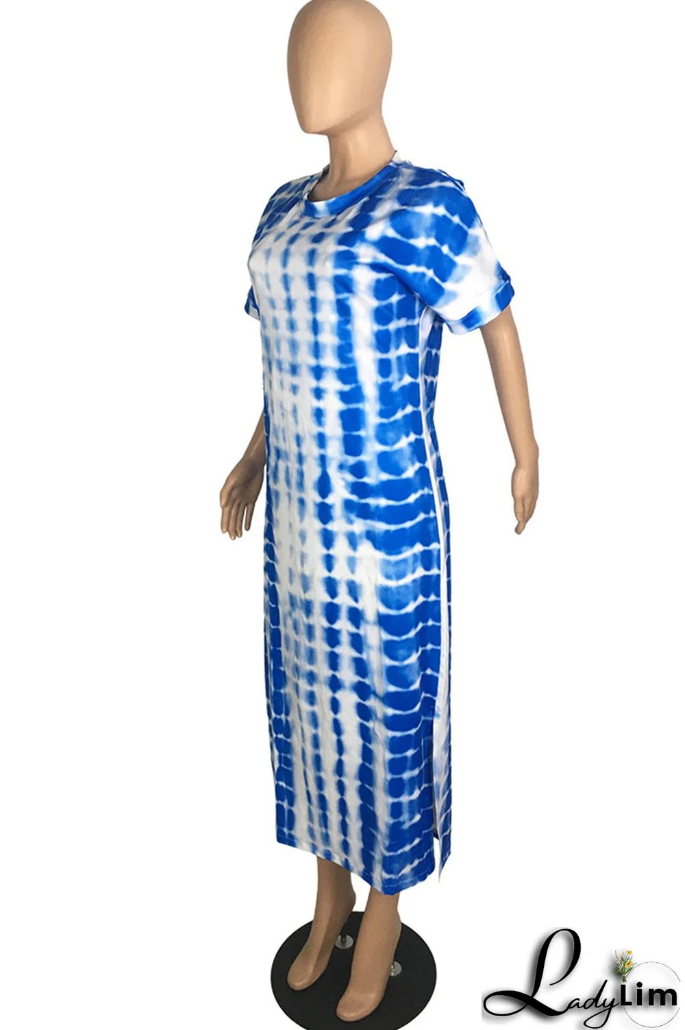 Blue Fashion Casual Print Slit O Neck Short Sleeve Dress Dresses