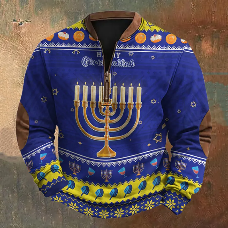 Men's Hanukkah Print Zip Casual Sweatshirt