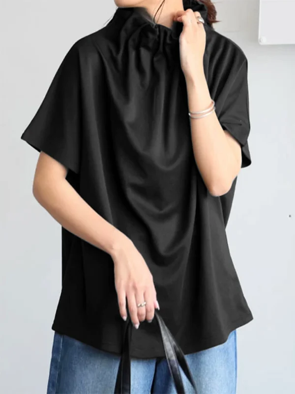 Loose Short Sleeves Solid Color Stand Collar T-Shirts Tops
