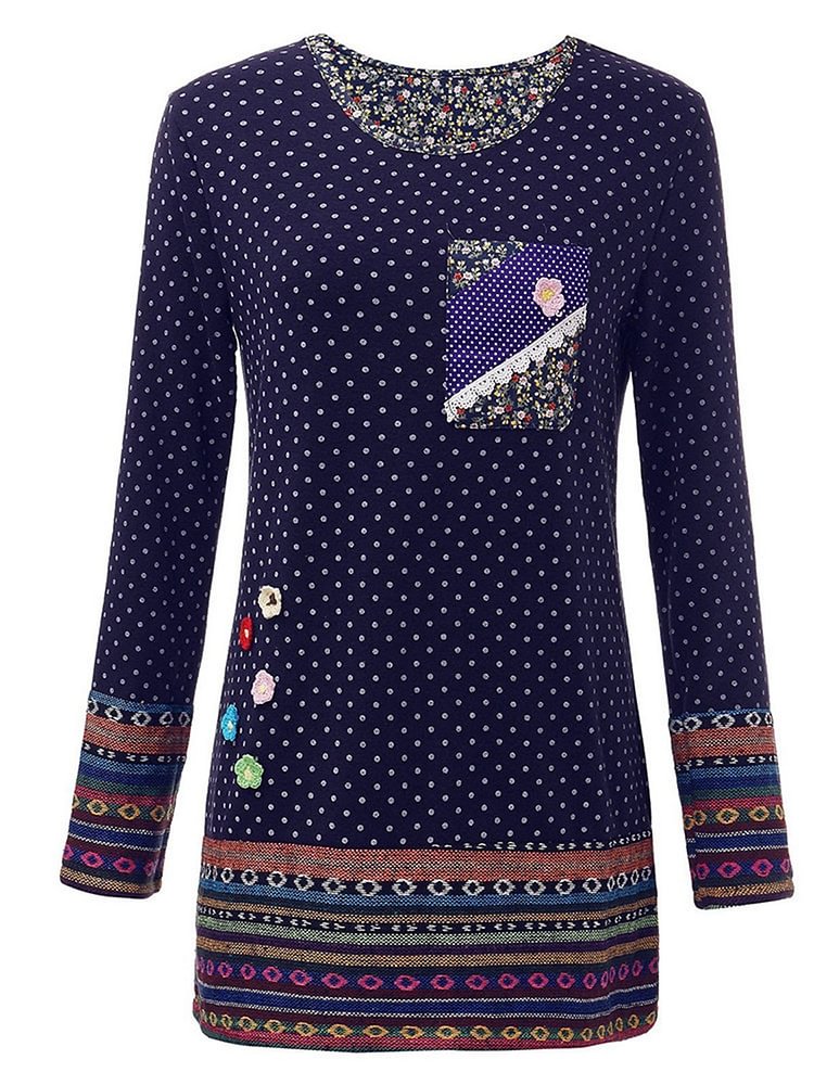 Navy Blue Long Sleeve Pockets Printed Plus Size T-Shirt Dress