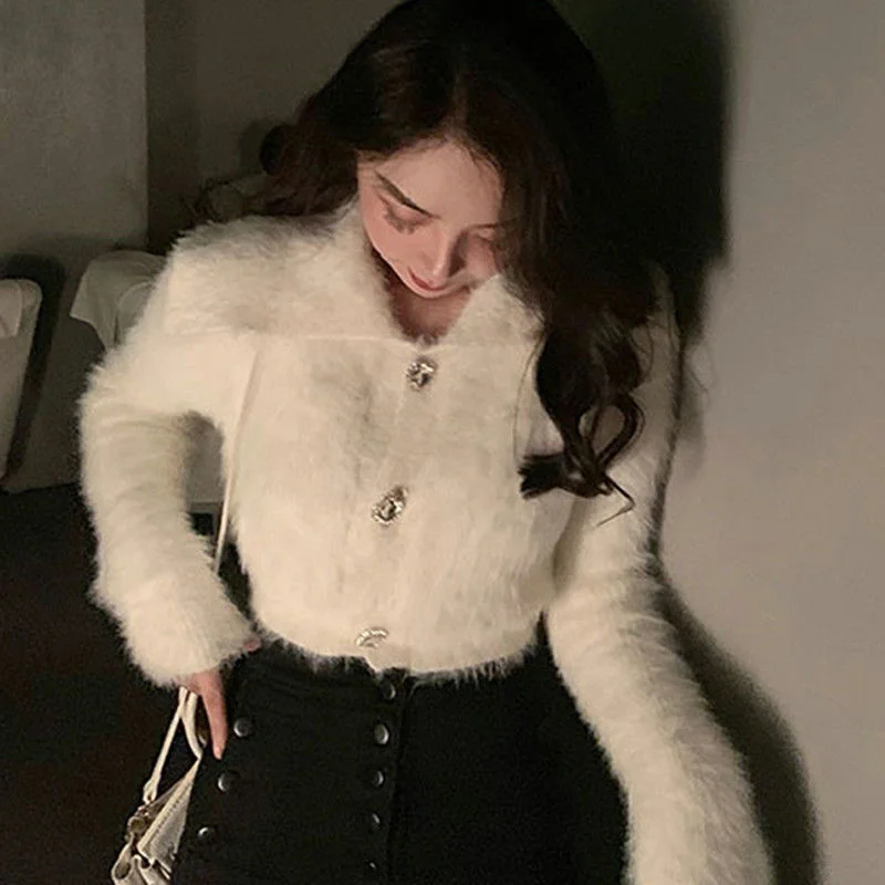 Cardigan Women Turn-down Collar Button Solid Plush Warm Kawaii Elegant Fashion All-match Slim Womens Street Wear Chic Simple New