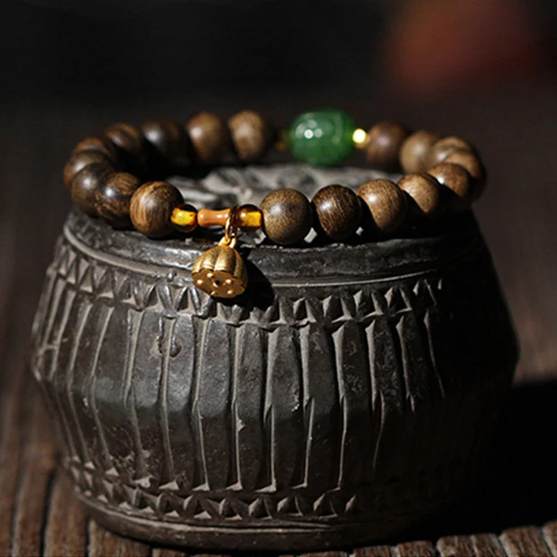 999 Gold Brunei Agarwood Cyan Jade Lotus Flower Peace Strength Bracelet