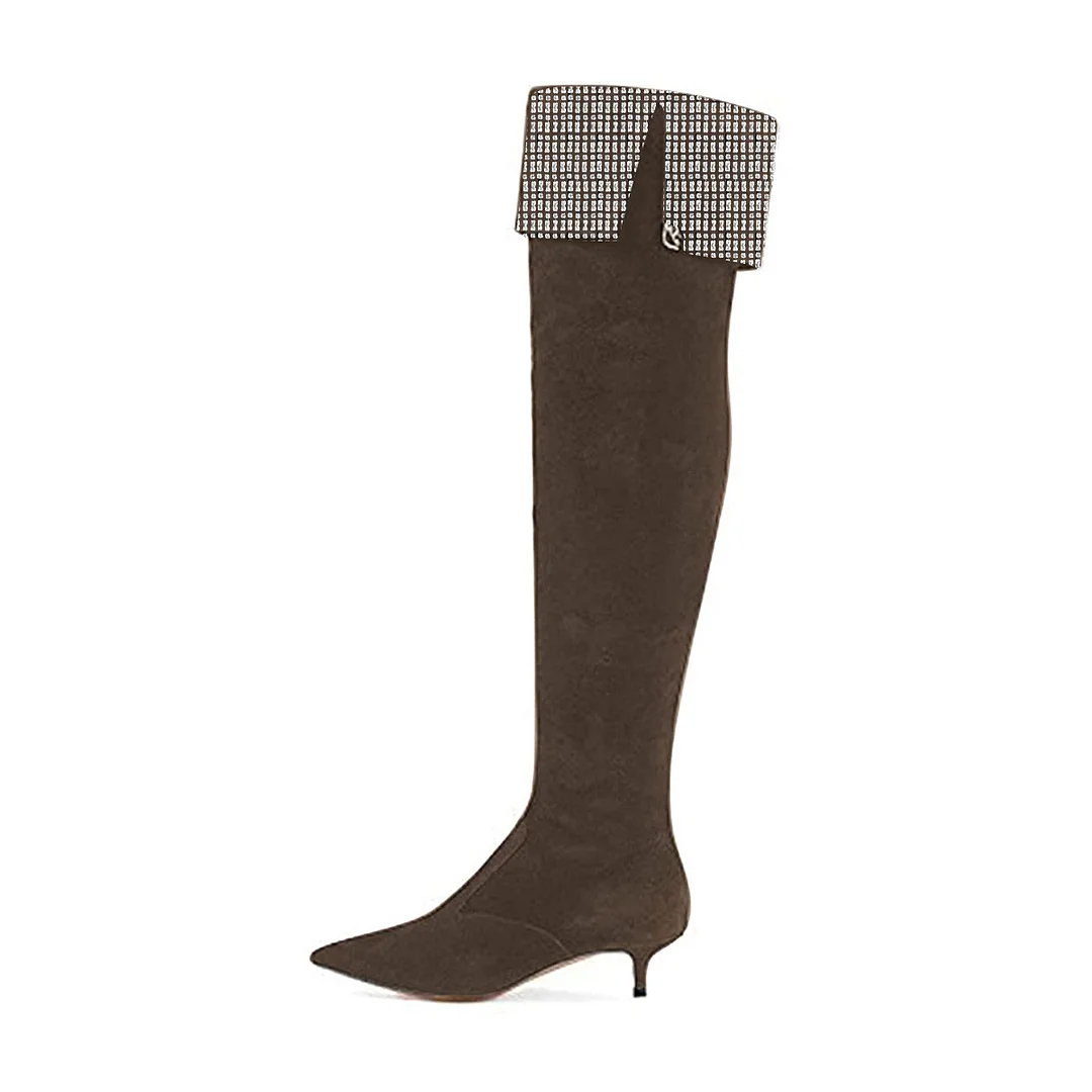Brown Faux Suede Pointed Toe Rhinestone Over-The-Knee Side-Zip Boots
