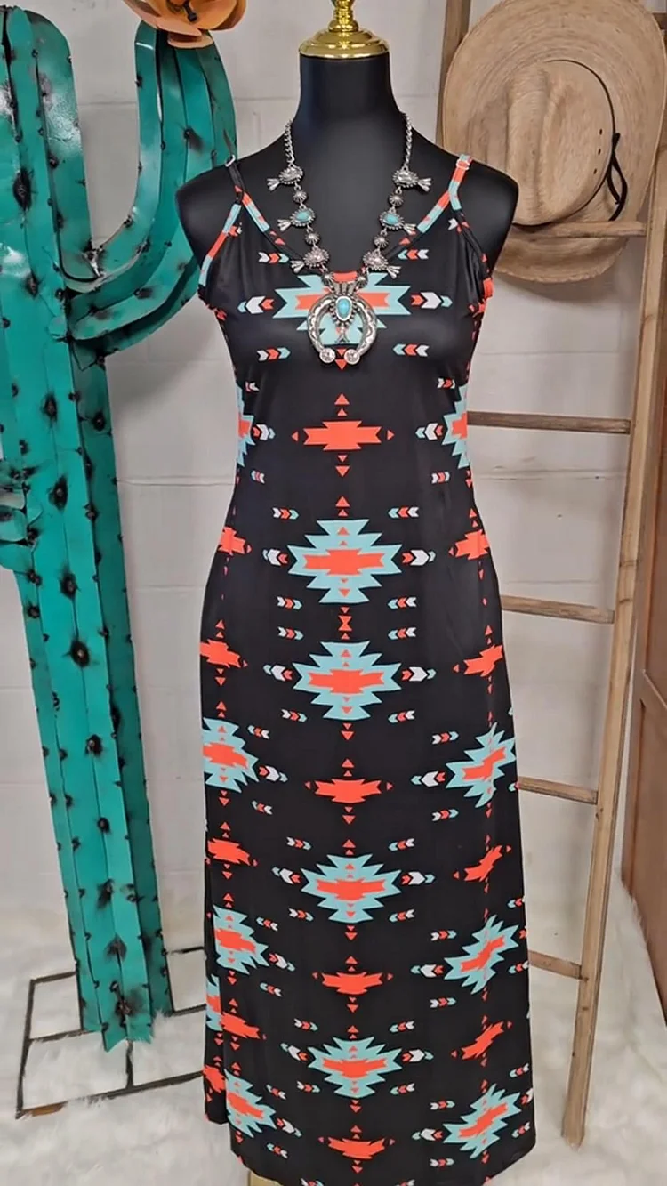 Suspenders Summer  Aztec Print Maxi Dress