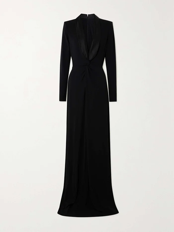 Svelte Elegance: Long-Sleeve Skinny Solid Color Deep V-Neck Maxi Dresses