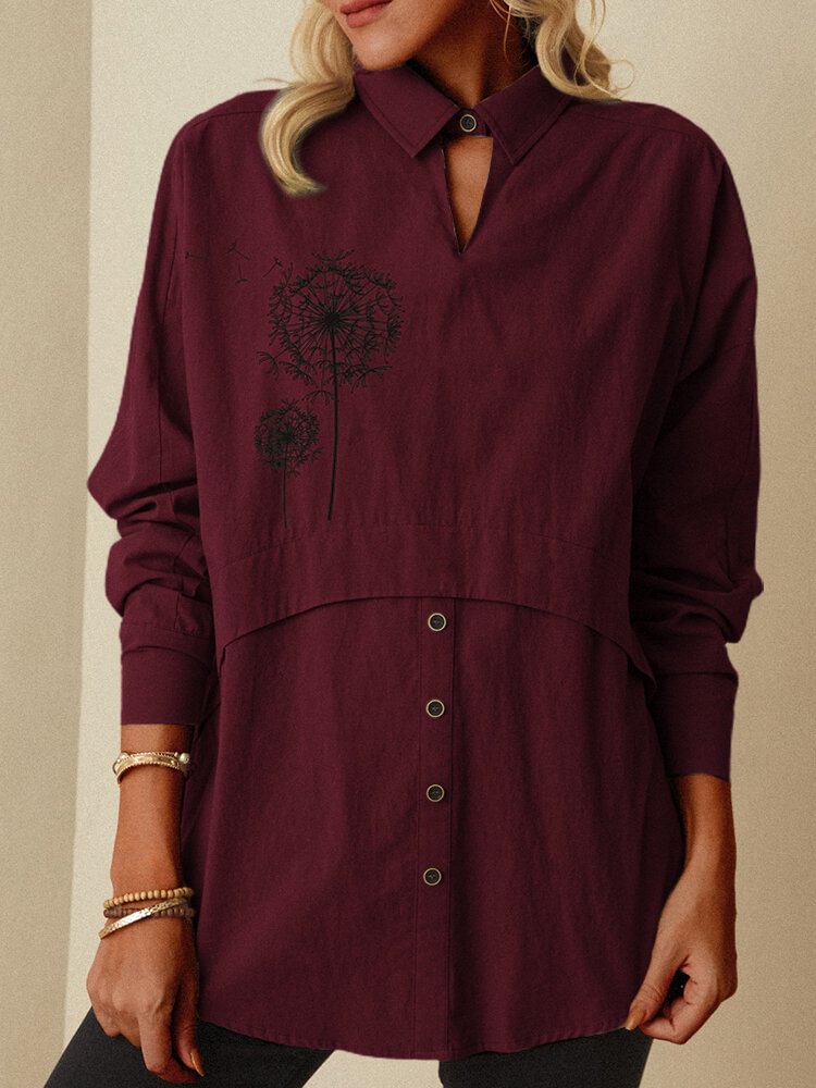 Flower Printed Long Sleeve Turn down Collar Patchwork Blouse For Women P1721500