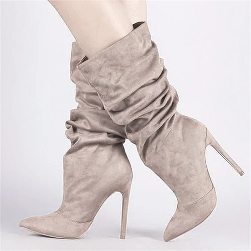 Women's High Boots Pleated Mid Calf High Heel Shoes 2020 Thin Heels Suede Boots Women Pointed Toe Sexy Pumps Party Female Winter