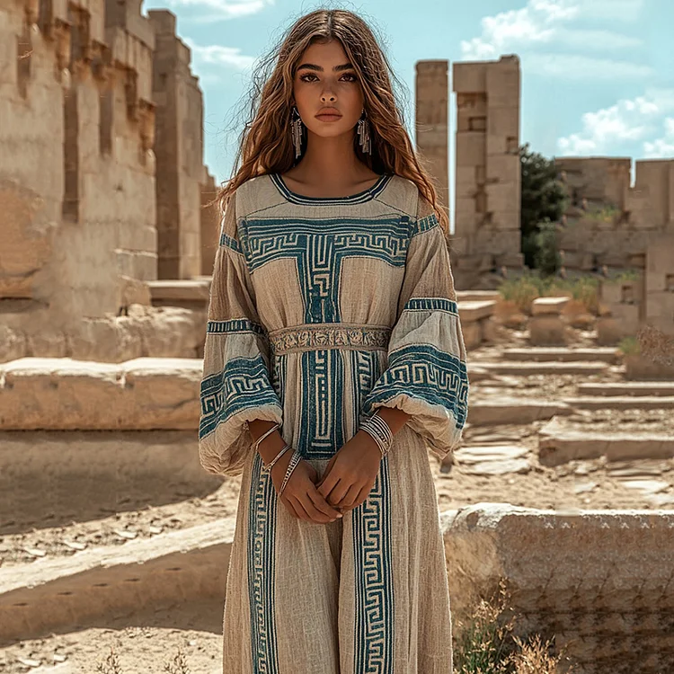 Utbros Retro Greek Key Crew Neck Linen Blend Maxi Dress